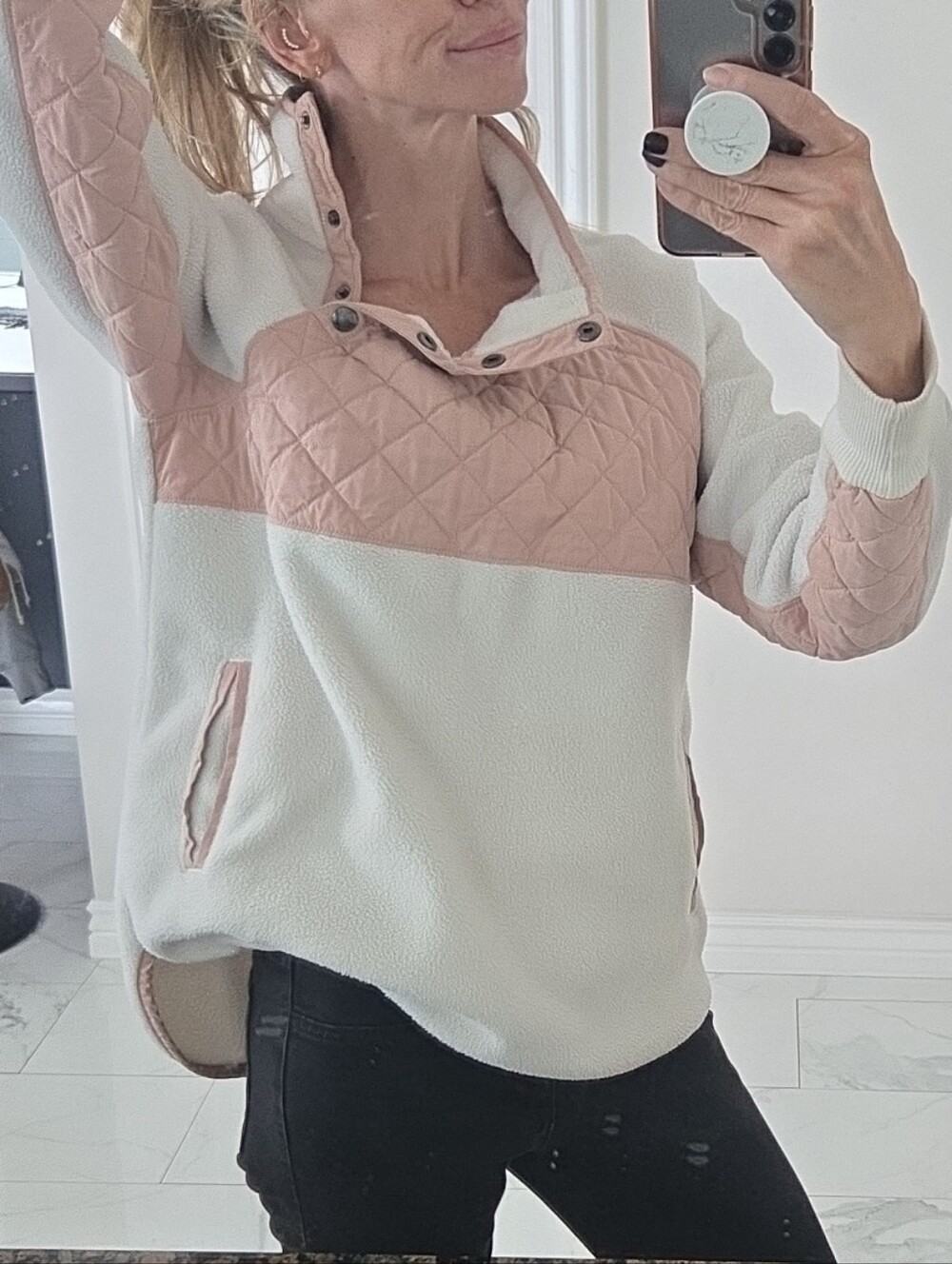 Abercrombie & Fitch Pink and White Quilted-Panel Snap Pullover